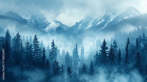 Misty landscape of fir forest in Canada