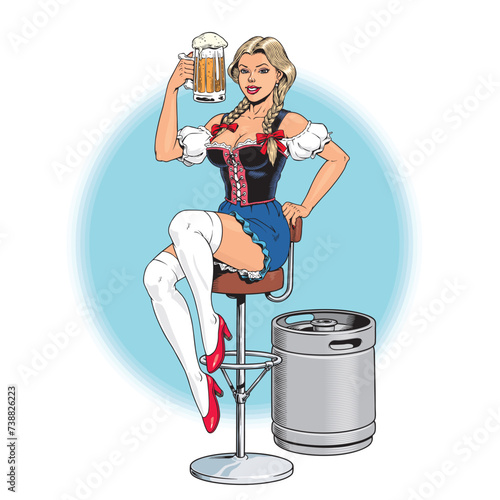 Oktoberfest girl wearing a traditional Bavarian dirndl costume, sitting on the bar chair and holding a beer mug. Young attractive blonde german woman. Pin up style vector illustration.
