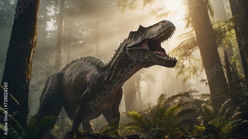 Dinosaur stands in sunny prehistoric forest. Photorealistic.
