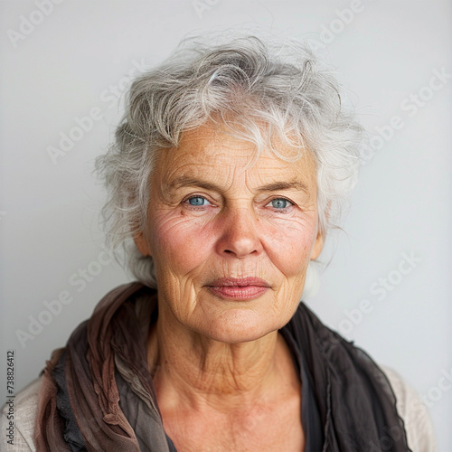 Portrait of a senior woman with a white studio background. Warm, friendly, and wise facial expression © Natasha