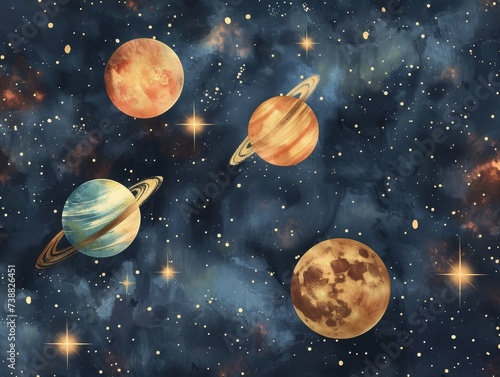 Celestial bodies in watercolor stars and planets aligning