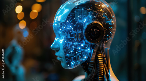 a humanoid robot with complex blue circuits visible inside