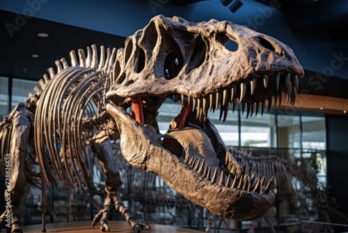Dinosaur fossil in museum. Photorealistic.
