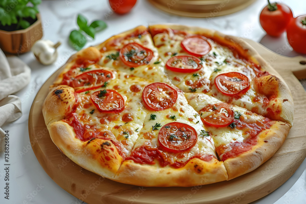 Pizza on wooden board against soft background - Ai Generated