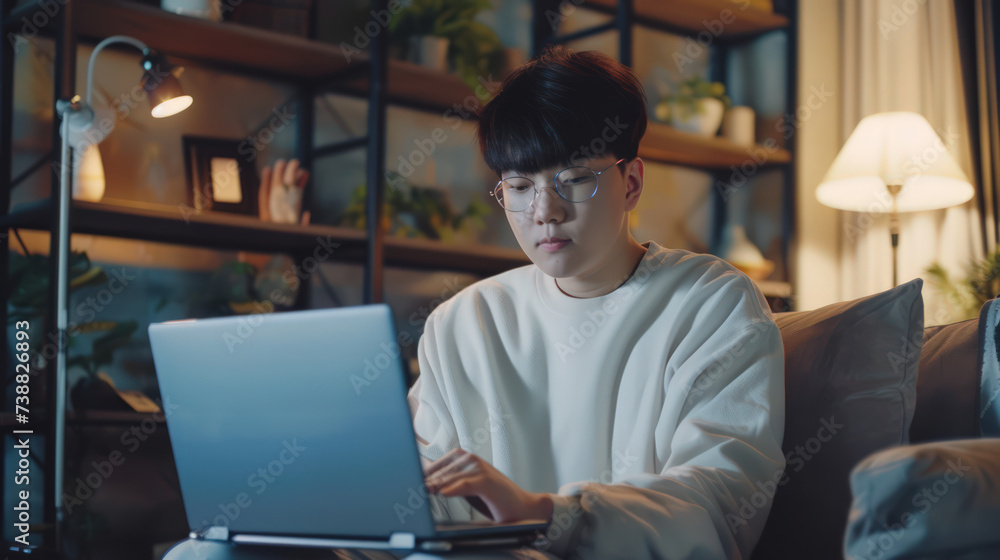 Asian young male content creator using a laptop working in the living room Asian young male content creator using a laptop working in the living room