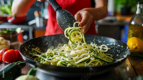 A young girl making zucchini noodles in a bright kitchen, emphasizing healthy eating and cooking with kids. photo