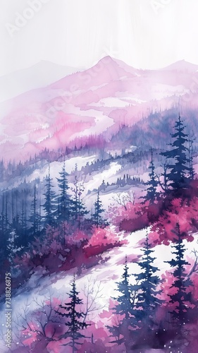 Snow covered hills in watercolor winters silent serenade