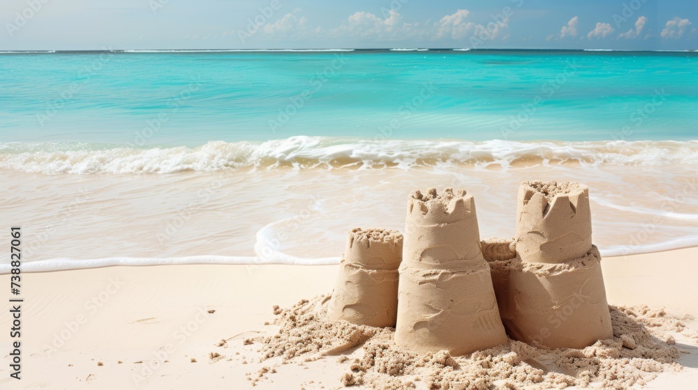 Majestic sandcastle surrounded by tropical blue waters, symbolizing travel and leisure.