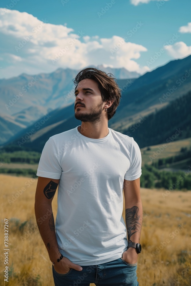 Ein Mann in einem weißen T-shirt vor einer schönen Berglandschaft, T-shirt Mockup Ein Mann in einem weißen T-shirt vor einer schönen Berglandschaft, T-shirt Mockup