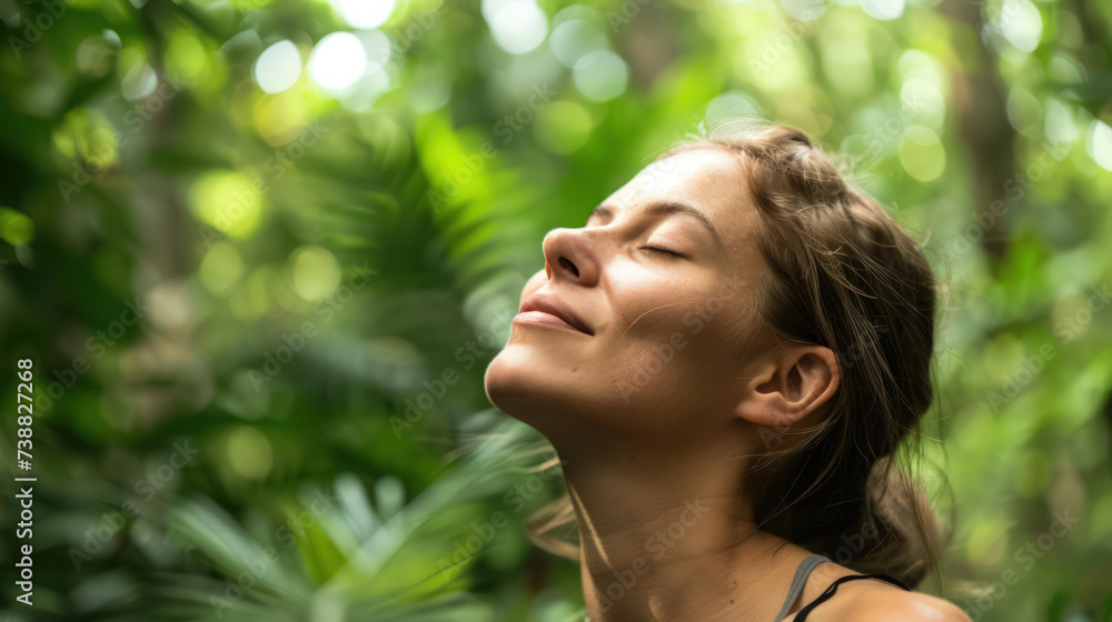Relaxed woman breathing fresh air in green forest Relaxed woman breathing fresh air in green forest