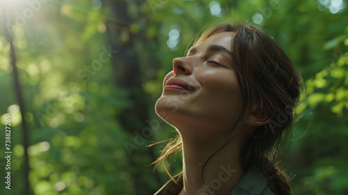 Relaxed woman breathing fresh air in green forest