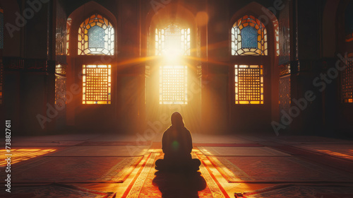 Lonely man praying peacefully in mosque