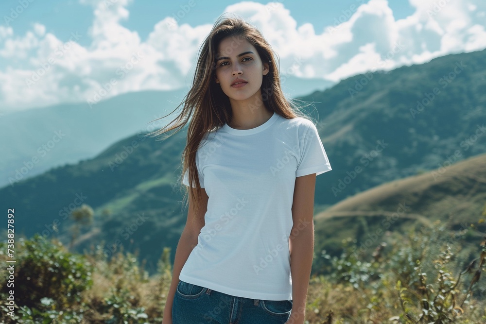 Eine Frau in einem weißen T-shirt vor einer schönen Berglandschaft, T-shirt Mockup 