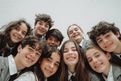 Group of Smiling School Classmates in Uniform Gathered Together