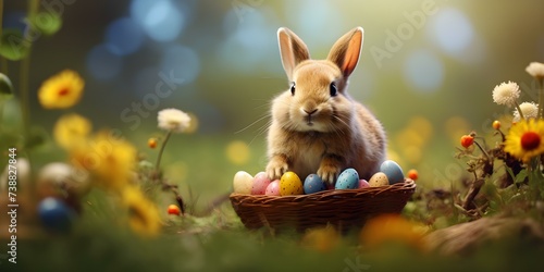 Whimsical bunny adding vibrant eggs to a blooming basket in a picturesque spring scenery. Concept Easter Photoshoot, Bunny Character, Vibrant Eggs, Spring Scenery, Blooming Basket © Ян Заболотний