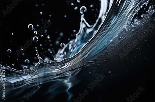 Realistic clean water splash with drops. Splash of falling water on a black background. Horisontal format.