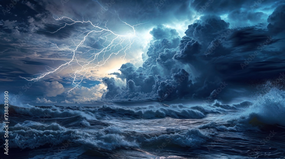 Thunder storm over sea with lightning bolt strike and cloud.