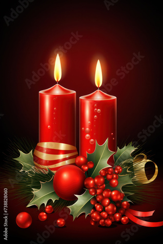 Shimmering Flame: A Bright and Festive Christmas Candle in Red, Decorating an Ornamented Tree on a Shiny Winter Background