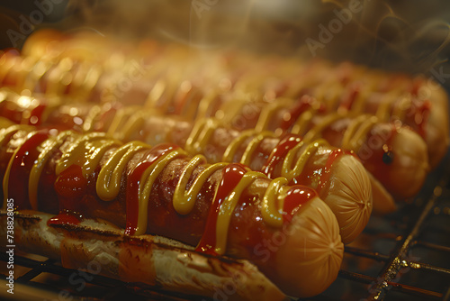 Close up of hot dogs with mustard and ketchup on the grill
