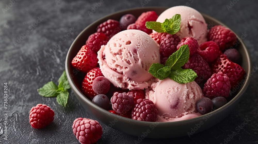 a bowl of ice cream with berries a bowl of ice cream with berries