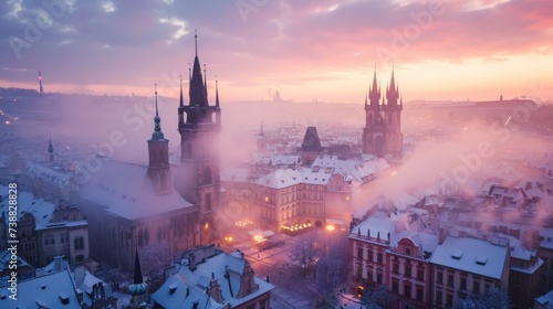 Beautiful historical buildings in winter with snow and fog in Prague city in Czech Republic in Europe.