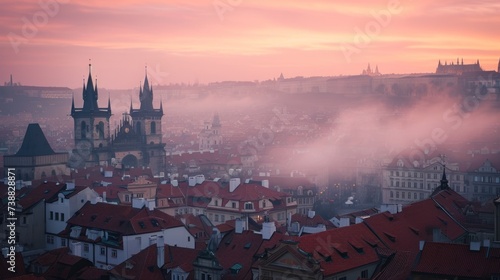 Aerial view of beautiful historical buildings of Prague city in Czech Republic in Europe.