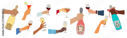 Celebration, festivity, different hands holding glasses with drink, champagne bottle, wine, cocktail. Cheers design elements for border, card, invitation. Vector illustration on transparent background