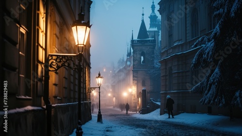 Street view with beautiful historical buildings in winter with snow and fog in Prague city in Czech Republic in Europe.