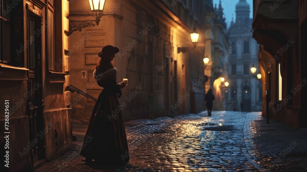 Back view of a lady in street with historic buildings in the city of Prague, Czech Republic in Europe.