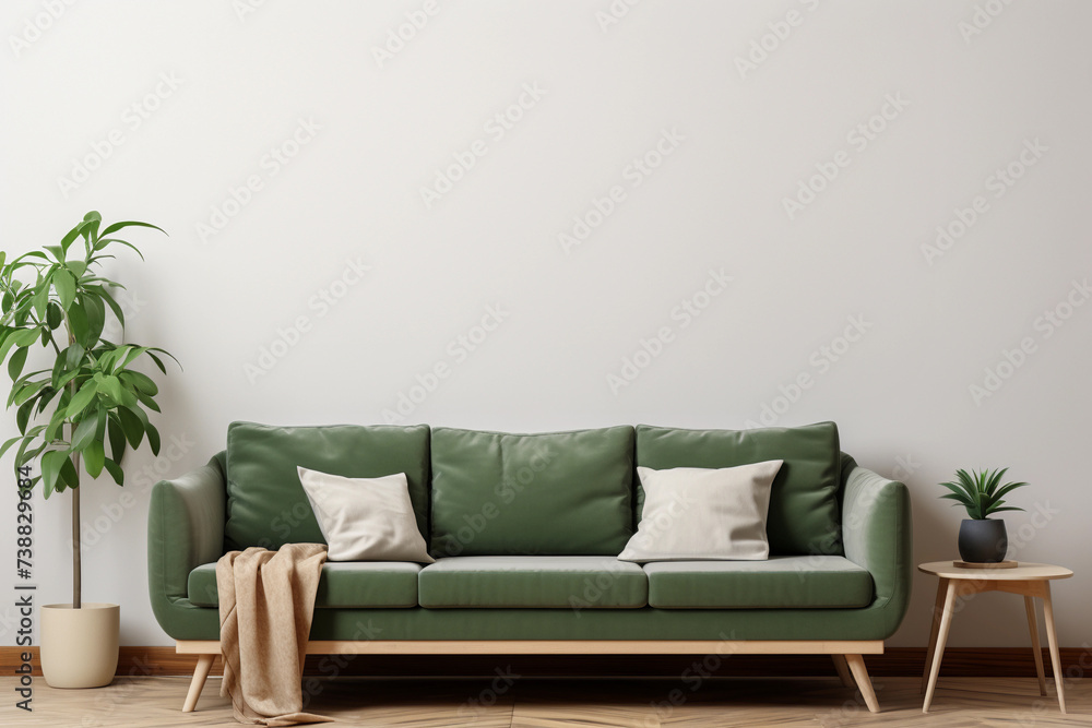 Modern interior with empty white wall with copy space. Green couch and potted plant in living room. Modern interior with empty white wall with copy space. Green couch and potted plant in living room.
