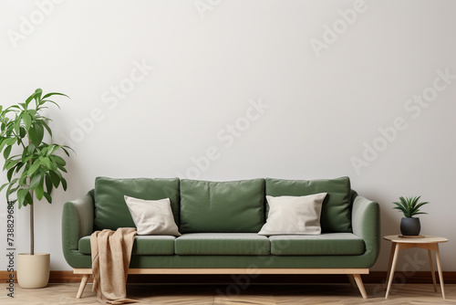 Modern interior with empty white wall with copy space. Green couch and potted plant in living room. © Iryna