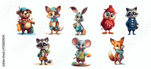Whimsical Collection of Seven Animated Animal Characters in Distinct Attire and Accessories, Vector