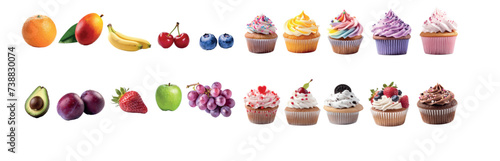 Fruit and Cupcake Extravaganza: A Colorful Array of Various Fruits and Decorated Cupcakes Arranged in Rows Against
