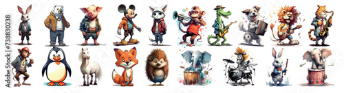 Whimsical Animal Orchestra: A Colorful Ensemble of Cartoon Animals Playing Various Musical
