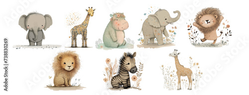 Adorable Illustrated Wild Animals Surrounded by Nature’s Beauty Featuring Elephants, Giraffe, Hippopotamus, Lion