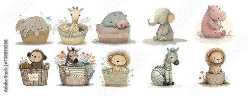 Adorable Baby Animals in Baskets: A Collection of Cute Wildlife Featuring Elephants, Giraffe, Hippo, Monkey, Zebra, and Lion