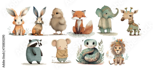 Whimsical Illustration of Various Animals Including Rabbits, Chick, Fox, Elephant, Deer, Badger, Mouse, Snake, and Lion in a Playful and Artistic