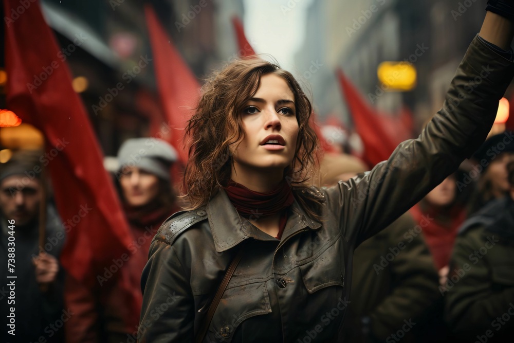 A young woman with her hand raised at a protest demonstration in the background, a blur of people and a red flag. Symbol of women's freedom.