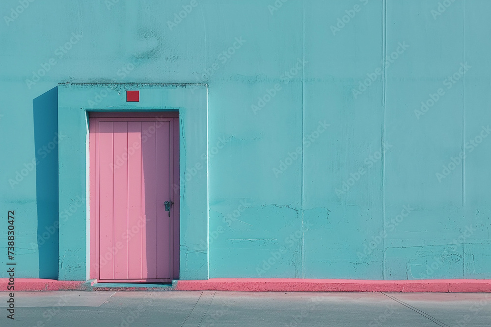 A vibrant pink door stands out against a blue wall on a lively street. Minimalist retro cityscape.