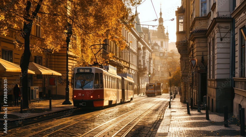 A tram in Autumn in the street of Prague with beautiful foliage. Czech Republic in Europe. - obrazy, fototapety, plakaty 