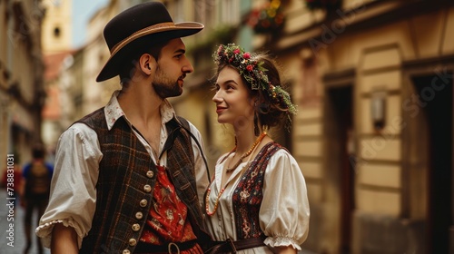 A lovely young couple in traditional Czech clothing in street with historic buildings in the city of Prague, Czech Republic in Europe.