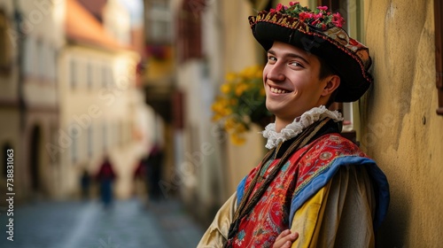 A handsome young man in traditional Czech clothing in street with historic buildings in the city of Prague, Czech Republic in Europe.