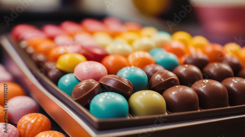 Close up of artisan handmade luxury sweets displayed in candy shop
