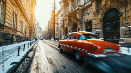 Vintage car in the street of Prague. Czech Republic in Europe.