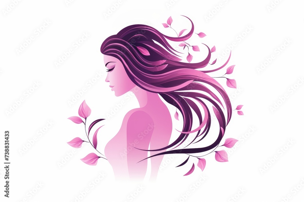 A beautiful girl with long hair, a simple flat illustration in pink tones on a white isolated background. Design concept for beauty salons, spas, cosmetics, hairdressing, fashion, logo.