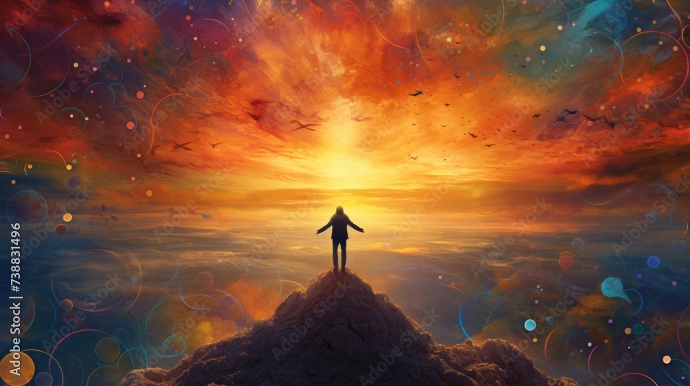 Fototapeta premium Figure Standing on Cliff at Sunset