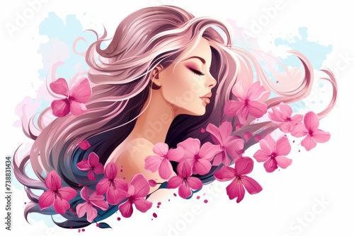 A beautiful girl with flowers in her long hair, a simple flat illustration in pink tones on a white isolated background. Design concept for beauty salons, cosmetics, hairdressing, fashion, logo. 