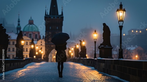 Silhouette of a girl in Charles bridge with historic buildings in the city of Prague, Czech Republic in Europe. © Joyce