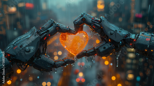 Robotic hands hold a glowing heart amidst a rainy, illuminated cityscape. This image is perfect for: technology, love, futuristic, romance, artificial intelligence.