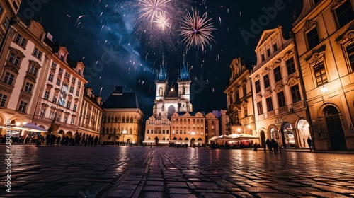 Fireworks show with beautiful historical buildings of Prague city in Czech Republic in Europe.